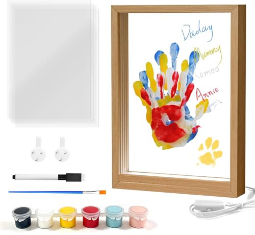 Handabdruck Set Familie Basteln Kinder mit LED Nachtleuchte, Platz für 4 Personen, Baby Handabdruck und Fußabdruck Baby Set, Newborn Baby Fussabdruck, Holzrahmen Zum Basteln für Geschenk (Holzfarbe)