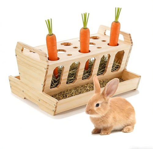 Heuraufe Kaninchen Aus Holz – Große Futterraufe mit Karottenhalter, Naturbelassen, 30 × 22 × 18 cm, Selbstfütterung für Kaninchen, Meerschweinchen, Hamster & Nager