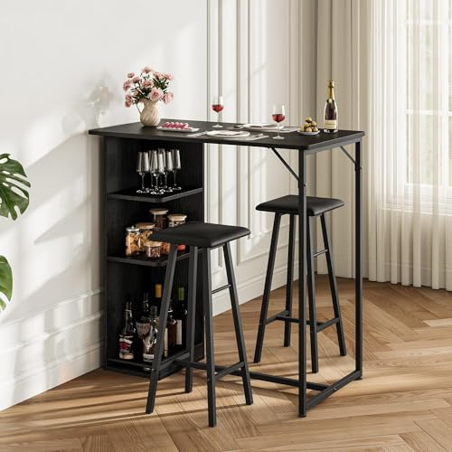 Garvee Mesa Alta Cocina con 2 Taburetes y 3 Estantes, Negro | Almacenamiento Conjunto de Bar 3 Piezas Industrial, Estructura Metálica con Cojín, 91x50x90 cm, para Cocina Pequeña y Comedor