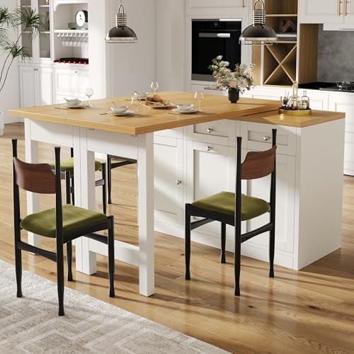 Henjda Mesa de bar extensible con espacio de almacenamiento, función giratoria 360°, con 2 puertas y 3 cajones, soporte para cubo de basura extraíble, isla de cocina con encimera extensible, para