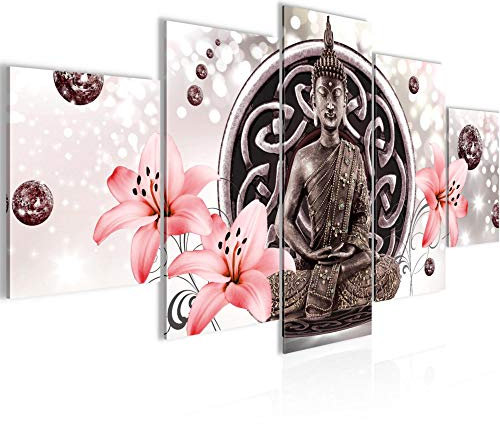 Runa Art Tableau mural Bouddha Fleurs 5 Parties Impression sur Toile Intissee Decotation Salon Oriental Zen Rose 504752a