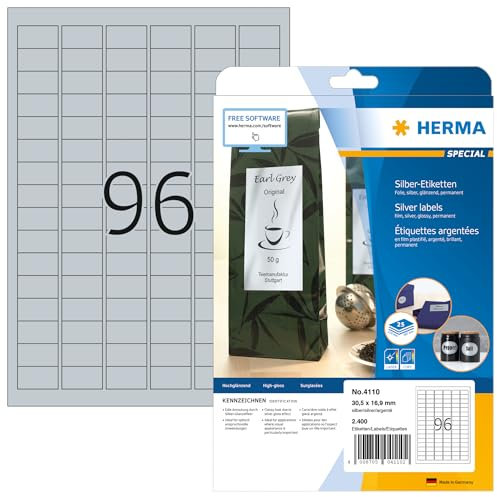 HERMA 4110 Wetterfeste Folienetiketten silber, 25 Blatt, 30,5 x 16,9 mm, 96 pro A4 Bogen, 2400 Stück, selbstklebend, bedruckbar, glänzend, blanko Klebeetiketten Aufkleber aus Folie