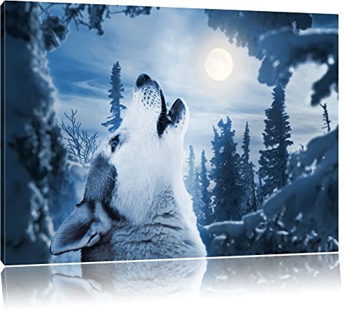 Pixxprint Heulender Wolf vor Mondlicht, Bild, Größe: 100x70cm, Leinwandbild, fertig gespannt, Wandbild, Dekoration, Kunstdruck, kein Poster