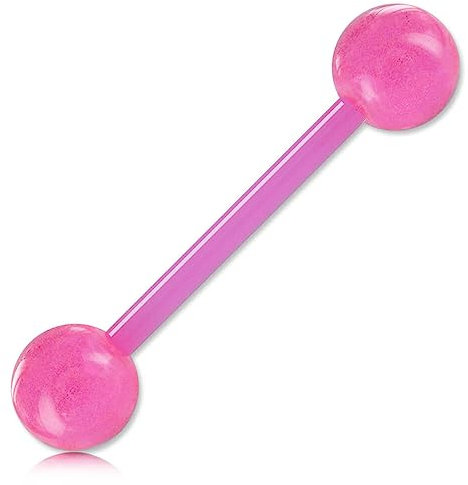 Inoki - Barbell de langue BioSafe boules Phosphorescentes - Jonc/Tige 1.6 mm, Long. int. 16 mm, Boule 6 mm - Rose