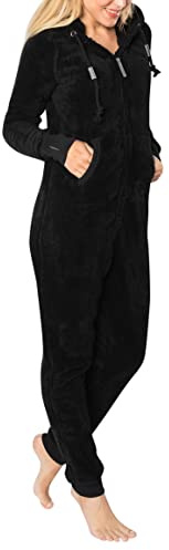 Eight 2 Nine Damen Teddyfleece Jumpsuit mit Kapuze und Öhrchen, Flauschiger Overall mit Daumenlöchern, kuschelig bequemer One-Piece für entspannte Stunden, schwarz, grau, rosa XS-XL black1 XS/S
