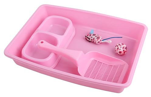 PAWISE Lot de 4 Accessoires pour Chat avec bac à litière, Pelle à litière, Bol et Jouet pour Chaton, 36,8 x 26,7 cm, Rose
