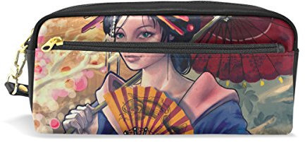 Eslifey Tragbare Tasche Japanische Geisha Mädchen PU Leder Schule Stifteetui Stifteetui Stiftetasche Wasserdicht Kosmetik Tasche Makeup Beauty Case
