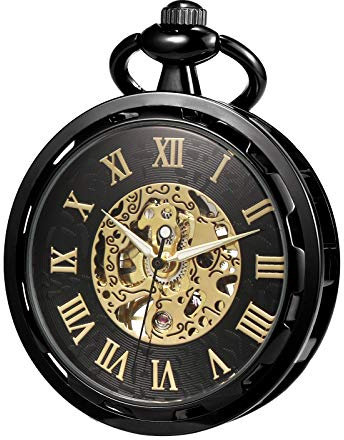 TREEWETO Taschenuhr mit Kette Herren Analog Mechanische Handaufzug Offenes Gesicht Skelett Bewegung