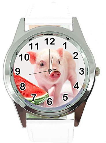 TAPORT® Armbanduhr Analog Quarz mit Echtleder Band weiß rund für Ferkel Babe Fans