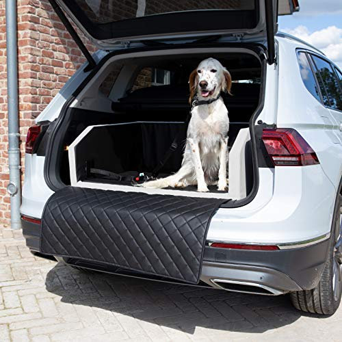 CopcoPet - Travel Bed Hundebett für Kofferraum 80x55x38cm Kunstleder - Kofferraumschutz Hund wasserabweisend & Kratzfest - rutschfest & robust mit Schutzdecke - Reisebett Hund Weiß/Schwarz