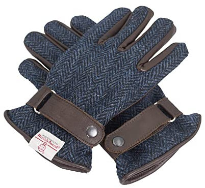 Walker & Hawkes - Herren Handschuhe - aus schottischem Harris-Tweed & Leder - Overcheck-Tartanmuster - Mitternachtsblau - S