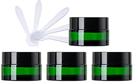 ZEOABSY 4 Pièce Petits Pots en Verre 20ml Vert Bocaux en Verre Cosmétique avec Bouchon à vis Noir Vides avec Bouchon Intérieur et 4X Spatule pour Crèmes Fait Maison,Poudres,Baume À Levrès