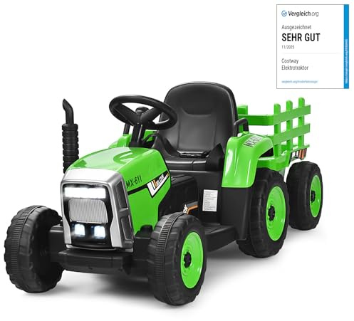 COSTWAY 12V Trattore Elettrico per Bambini 3 Anni+, con Rimorchio (Verde) | Trattore Cavalcabile con Telecomando Luci e Suoni, Macchina Elettrica per Bambini, Carico 30kg