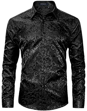 HISDERN Men‘s Silk Shirt Black Paisley Dress Shirts for Men Long Sleeve Button Down Wedding Party Prom Satin Tuxedo Shirts Regular Fit L