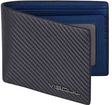 VISOUL Portafoglio Uomo Vera Pelle Portamonete Slim con Protezione RFID, Portafoglio Bifold da Uomo con 8 Porta Carte di Credito, 2 Scomparti Banconote e 2 Finestre ID (Carbonio Nero+Blu)
