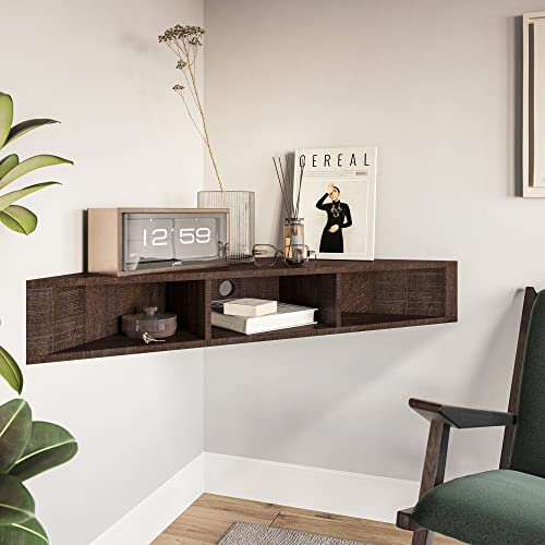 BELLEZE Modern Floating Wall Mounted Corner Shelf, 47 TV Console with Three Shelves and A Cable Cutout, Space Saving Decorative Media Corner Storage - Russel (Espresso)