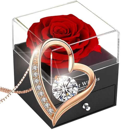 SWEETIME Coffret cadeau éternel rose rouge éternelle avec collier pour femme en argent sterling 925 à l'intérieur, véritable rose enchantée cadeau pour elle pour Noël, anniversaire et Saint-Valentin