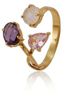 Bague réglable plaquée or en forme de poire et ovale et ronde | Bijoux en améthyste rose et violette et pierre de lune | Bague en laiton faite à la main | 1827) 1F, 5X7 MM / 4X6 MM / 5 MM, Laiton,