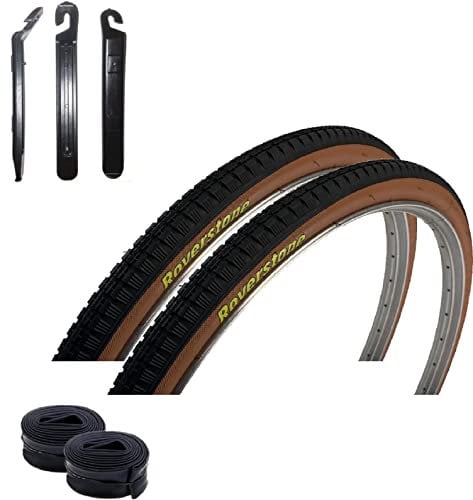 2 x Roverstone 28 Fahrradreifen Schwarz/Braun 40-635 (28 x1 1/2) + 2 Schläuche DV inkl. maxxi4you Reifenheber