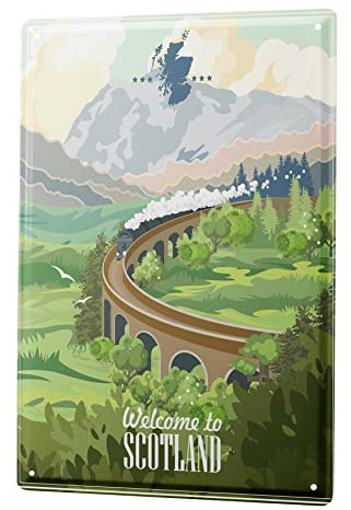 Blechschild Retro - Vintage Metall-Poster für Weltenbummler - Schottland Eisenbahn Motiv - 20 x 30 cm