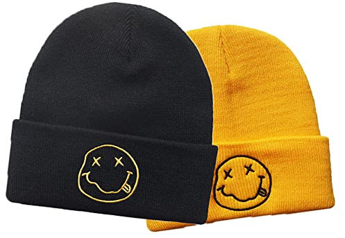 LANLYLGQ 2Stück Beanie Unisex Herren Damen Wintermütze Strickmütze Warmmütze Skimütze Stickerei Smiley Face (Schwarz+Gelb)