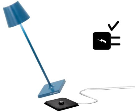 Zafferano Poldina Pro Micro Kabellose LED-Tischlampe Wiederaufladbar 2200-2700-3000K, IP65 Innen/Außeneinsatz, Lange Lebensdauer, Aluminium, H27.5cm mit Mehrfach-USB-Ladegerät (EU/UK/US) - Blau Capri