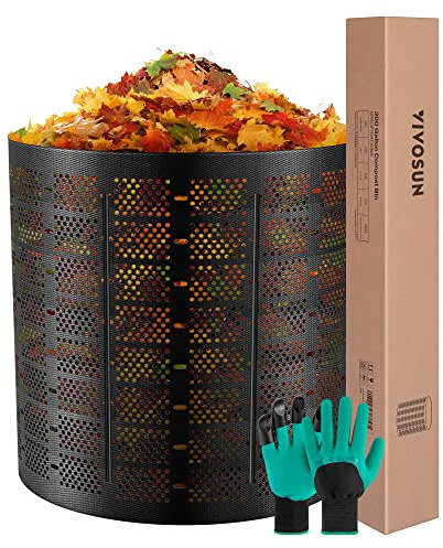 VIVOSUN 300 Gallonen Outdoor Komposteimer, erweiterbarer Komposter, einfach einzurichten und große Kapazität für Hinterhof, Rasen (schwarz mit Handschuhen)