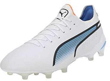 PUMA King Ultimate Fg/AG Fußballschuhe, Größe 44 1/2, Weiß, Schwarz, Blau, Glimmer, Ultra Orange, 44.5 EU