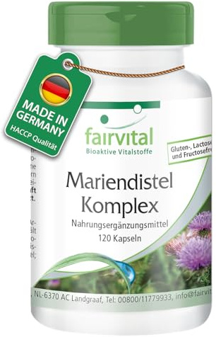 fairvital Mariendistel-komplex, 120 kapslar med kronärtskocka + maskros, bitterämneskapslar, 100% veganska