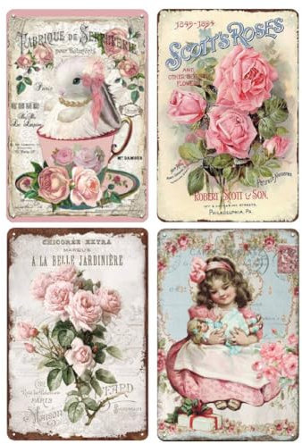 YOYI ART 4pcs Vintage Pink Roses Flowers Decor Tin Sign - French Country Shabby Chic Signs for Room, Bathroom, Kitchen, Garden, Yard Wall Decor Art, Gifts for Women and Flower Lover, 8 x 12 inch
