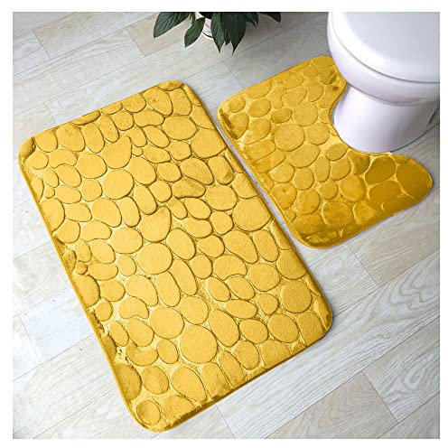 FAIRWAYUK Pebbles Bath Mats Non Slip, Memory Foam 2 Piece Soft Rubber Pedestal Bathroom Shower Toilet Rugs, Water Resistant, Machine Washable, 50x80cm (Ochre)