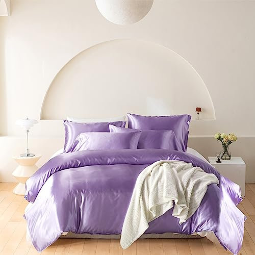 Wotcsil Satin Silk Duvet Cover Set Single Lilac Silky Satin Bedding Silk Like Satin Bedding Sets Luxury Satin Silk Bedding Single Solid Color Shiny Satin Polyester with Pillowcase, 135x200cm