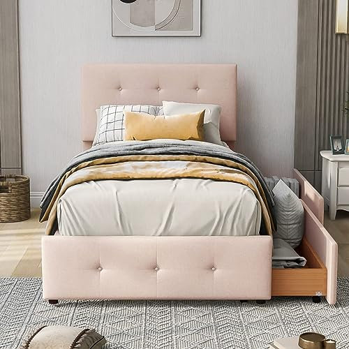 Lit 90 x 200 cm,Cadre de lit avec rembourré avec sommier à Lattes,Dossier et Deux tiroirs,en Tissu Velours Beige Doux Lit Simple Plat pour Enfants, Adolescents et invités,Dunkelbeige (sans Matelas)