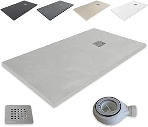 Outletaseo - Plato de Ducha de Resina Atlantic - Antideslizante Textura Pizarra - Todas Las Medidas Disponibles -Todos los Colores - Incluye Válvula desagüe+Rejilla (160x80, Gris Cemento RAL7036)