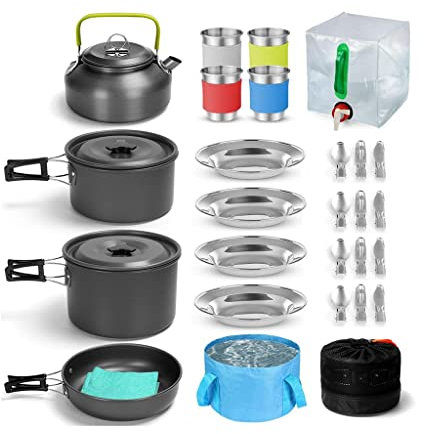 Ensemble de Vaisselle de Camping pour 4 Personnes, Fournitures de Cuisine de Pique-Nique en Plein air avec Seau, Bol, casseroles, Couteau Pliable, Fourchette, ustensiles de Cuisine, Kit de 29 pièces