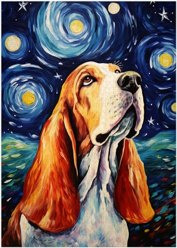 Starry Night Basset Hound Jigsaw Puzzle 300/500/1000 Piece (1000pc (50×75cm))