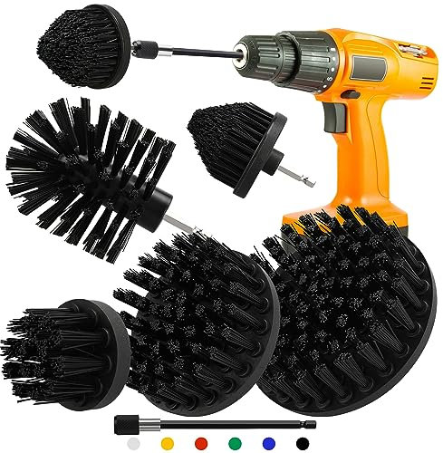 LFSEMINI Drill Brush Attachment Set, 5pcs 1/4in Power Scrubber Brush with 1pcs Extend Long Attachment, Drill Scrub Brush for Cleaning Showers, Tubs, Bathroom, Tile, Grout, Carpet (5 brushes black)