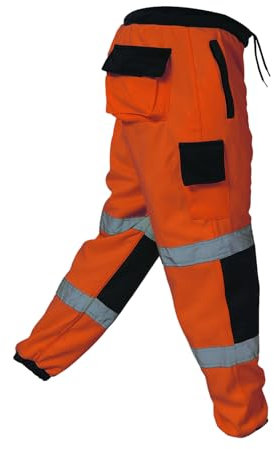 Dolce Vari Premium 100% Polyester Hi Viz Mens Work Trousers Jogging Bottoms Safety Sweat Pants Multi Pockets Super Soft Hi Vis Cargo Security Work Wear Trousers (L, Orange Navy)