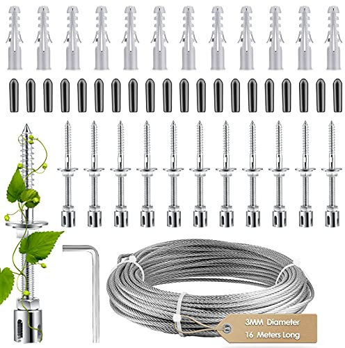 CUPCHID Support pour Plantes Grimpantes, 16m Corde en Acier Inoxydable à Suspendre Kit avec 3mm Cable INOX et 12 Tendeurs, pour Jardin/Mur Béton/Clôture Câble/Bois Massif (12 Tendeurs 16m Corde) (16m)