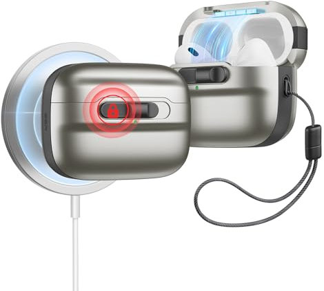 ESR für AirPods Pro 2./1. Generation Hülle (2023/2022/2019), MagSafe Ready, Magnetische Deckelverriegelung (USB-C/Lightning Kabel), Sturzschutz mit Trageband, Pulse Serie, Titan
