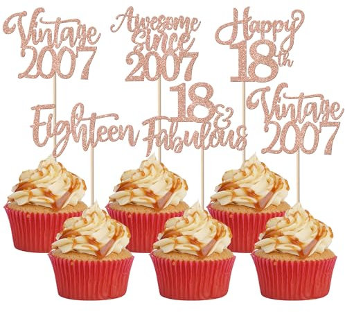 30 Stück Vintage 2007 Tortendeko Glitzer Happy 18th Eighteen Awesome Since 2007 Cupcake Toppers 18 Fabulous Kuchen Deko für 18. Geburtstag Hochzeitstag Party Kuchen Dekorationen Rosegold