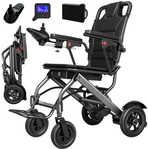 DYNAMISM Electric Wheelchair for Adults, Aluminum Frame, Foldable, Lightweight 14kg, 24V 10AH Lithium Battery, Dual Controllers, Black