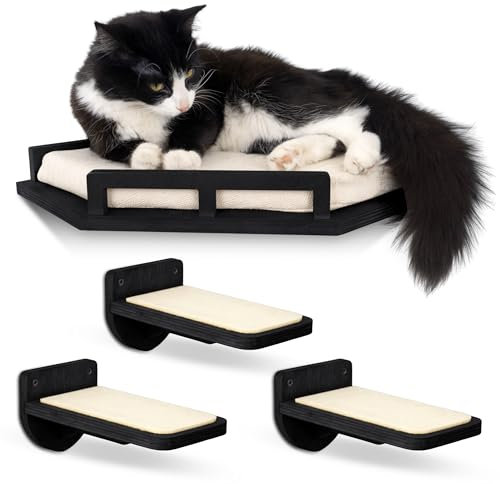 INICIO Cat Wall Shelves - Safe and Sturdy Cat Wall Furniture - Stylish Birch Wood Corner Shelf with 3 Steps for Cats up to 8kg - Padded Perch and Stairs for Climbing and Playing
