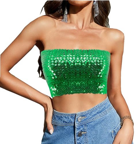 Segreto Damen Glitzer Pailletten Tube Top Sexy Ärmellos Vintage Bandeau Top Meerjungfrauen Trägerlos Crop Top Grün