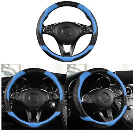 Adunsiaoto Coprivolante Auto Morbido in Fibra Di Carbonio Antiscivolo, Protettore Universale Copertura Del Volante Auto, Coperchio Del Volante Dell'auto Protettore Traspirante Anti-Scivolo(Nero/Blu)