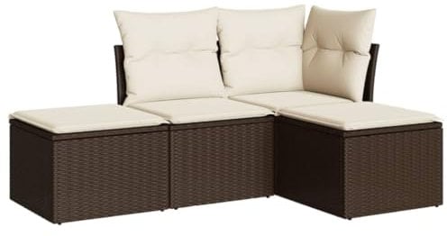 vidaXL Garten Sofagarnitur mit Kissen 4-TLG., Gartenmöbel Gartengarnitur, Sitzgruppe Sitzgarnitur, Lounge Sofa Garnitur Terrasse, Braun Poly Rattan