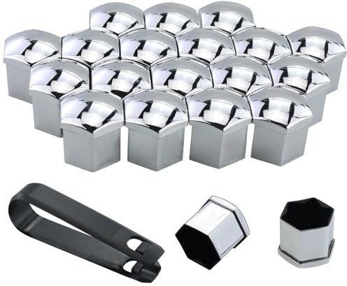 MAOQYE Lot de 20 cache-écrous de roue universels avec outil de démontage pour voitures, capuchons de écrous de roue hexagonaux (argent, 19 mm)