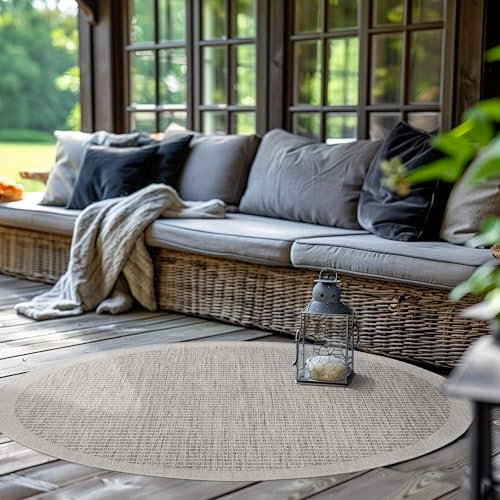 SIMPEX Outdoor Teppich Rund,Terrasse Balkon Garten Küchenteppich Einfarbiges Design Wetterfest Flachgewebe Sisal Look Waschbarer Teppich, Größe: 200 cm Rund, Farbe: Grau