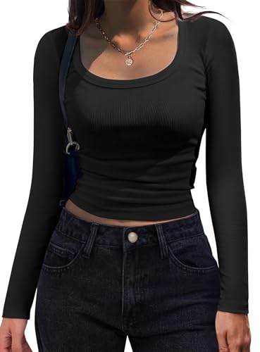 Hotouch Basic Long Sleeve Women's Basic Long Sleeve Crew Neck Stretch T-Shirt Figure-hugging Tops Black XL