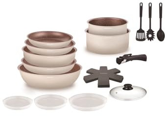 Arthur Martin - Batterie 18 pcs - 3 poêles 20-22-26 cm - 2 casseroles 16-18 cm - 1 sauteuse 24 cm - 1 wok 28 cm - 1 couvercle en verre 24 cm